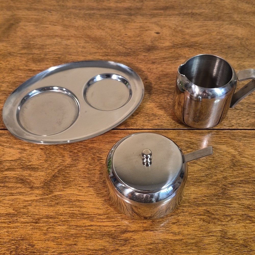VINTAGE Shiny Chrome Cream and Sugar Set With Spoon And Tray - Picture 6 of 16